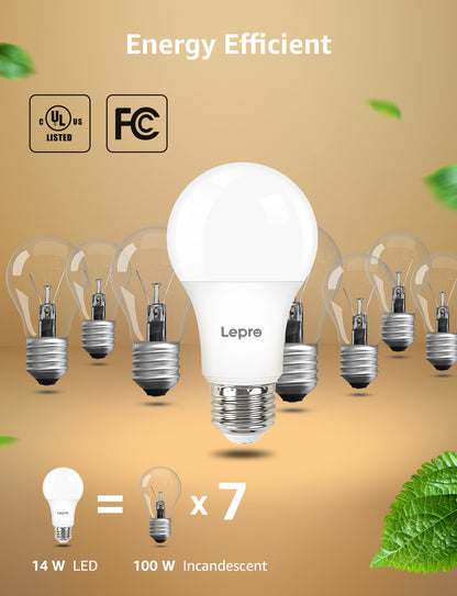 Lepro A19 Dimmable LED Light Bulbs, E26 Base, 14W (100W Equivalent), 1500 Lumens, 2700K Warm White, UL Listed