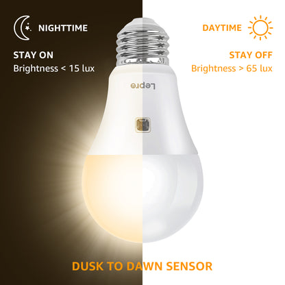 Lepro A19 Dusk to Dawn LED Light Bulb, E26 Base, 9W (60W Equivalent), 800 Lumens, 2700K Warm White, Non-Dimmable, Damp-Proof, 2-Pack