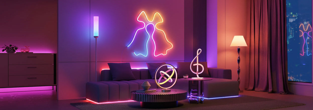 Modern living room with neon lights and AI light technology display.