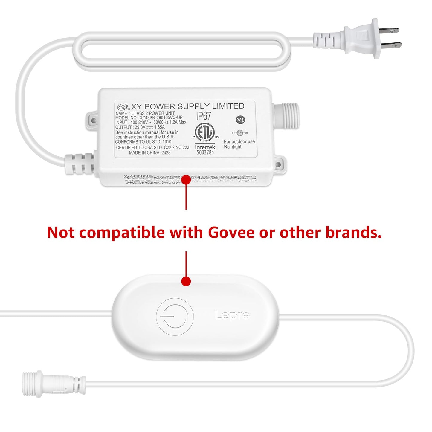 Lepro E1 Permanent Lights Accessories Only - 29V 48W AC-DC Power Supply and in-line Smart Controller Set, IP67 Waterproof Adapter with IP65 Waterproof Controller Box, NOT for Any Other Brands