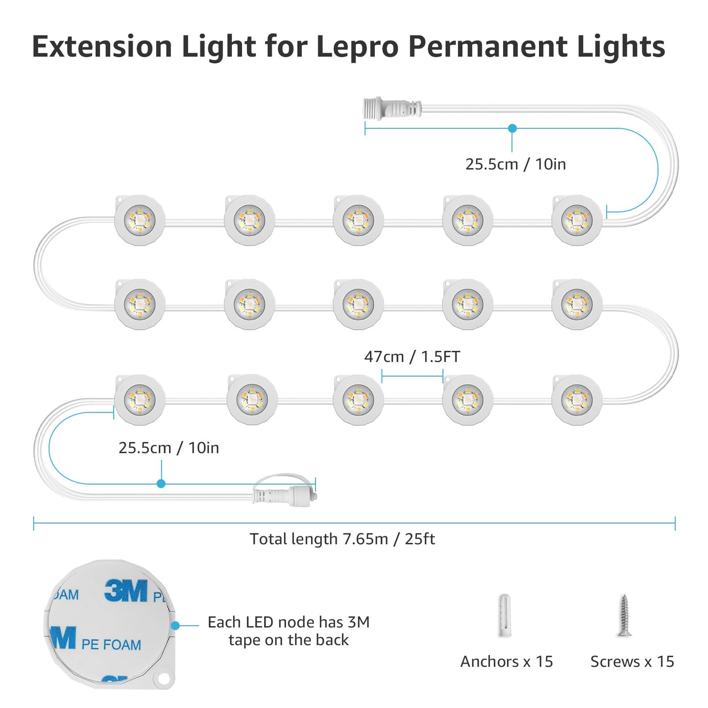 Lepro E1 Permanent Lights Accessories Only – 25 ft Permanent Outdoor Lights Single Strand Without Adapter and in-line Controller