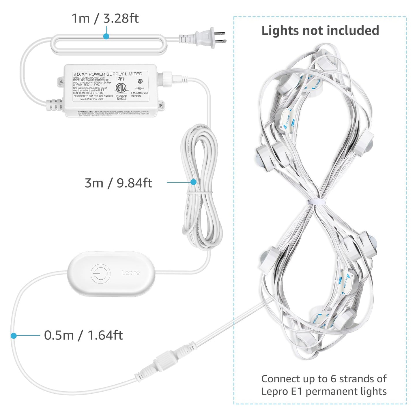 Lepro E1 Permanent Lights Accessories Only - 29V 48W AC-DC Power Supply and in-line Smart Controller Set, IP67 Waterproof Adapter with IP65 Waterproof Controller Box, NOT for Any Other Brands