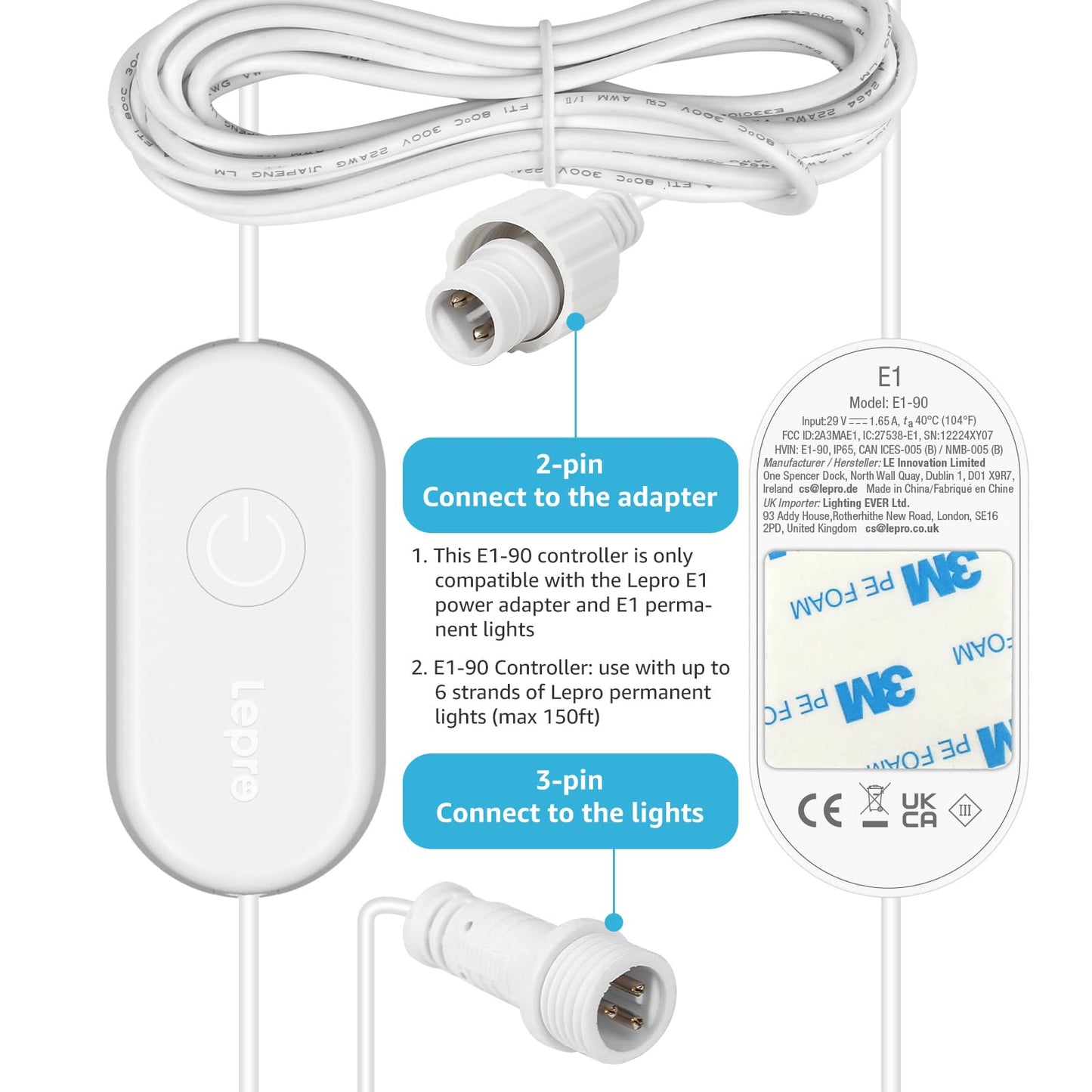 Lepro E1 Permanent Lights Accessories Only - 29V 48W AC-DC Power Supply and in-line Smart Controller Set, IP67 Waterproof Adapter with IP65 Waterproof Controller Box, NOT for Any Other Brands