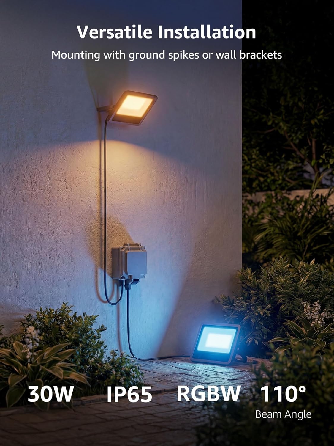 Lepro 30W IP65 waterproof outdoor flood lights installed on a wall and ground near garden bushes