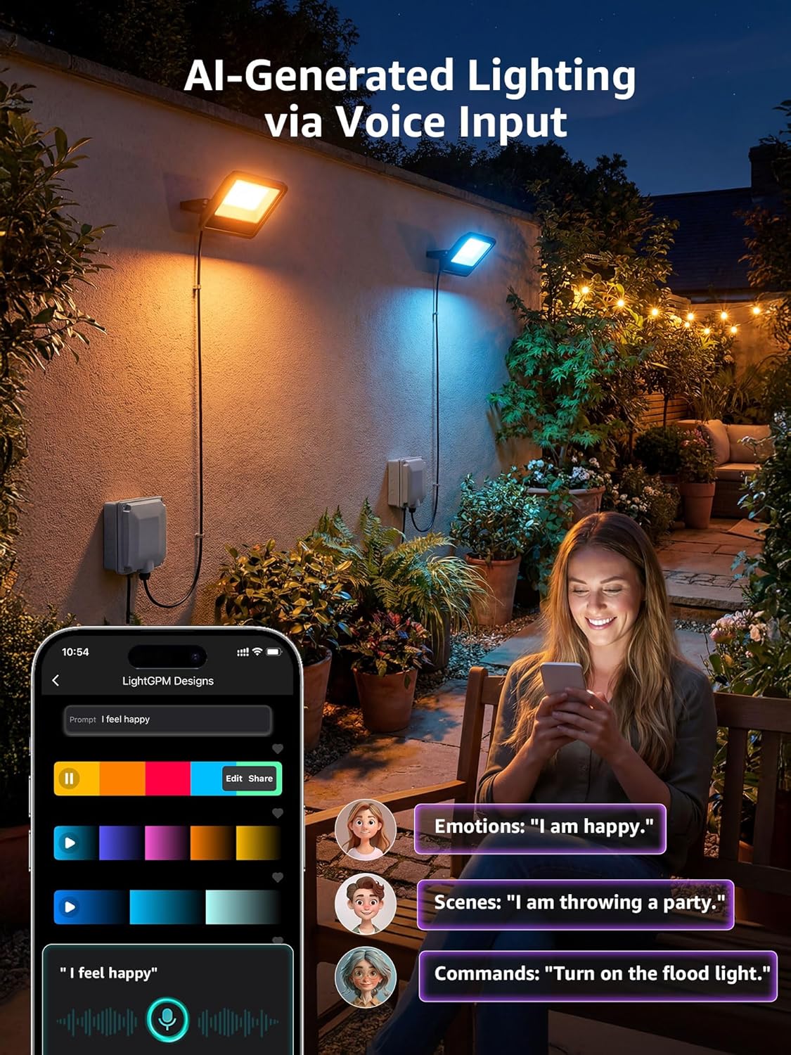 A woman using Lepro smartphone app voice commands to generate custom color lighting in a cozy backyard
