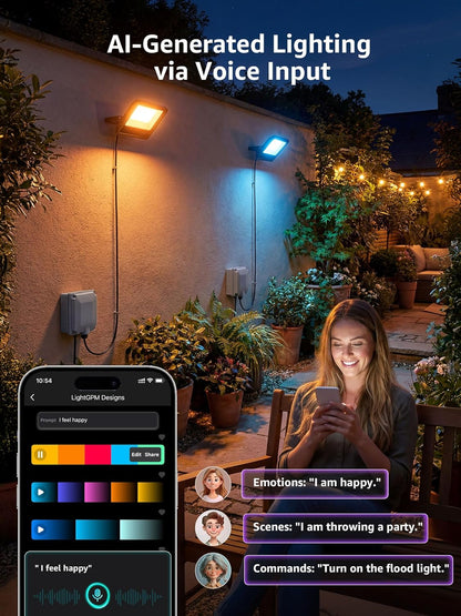 A woman using Lepro smartphone app voice commands to generate custom color lighting in a cozy backyard