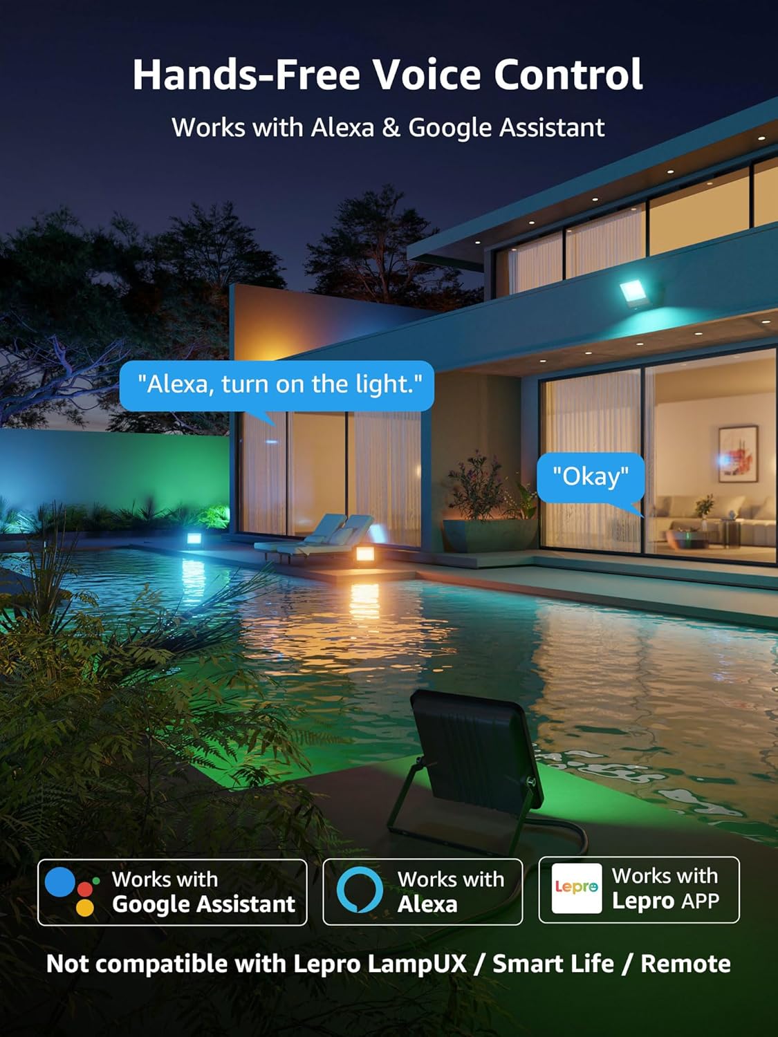 Voice controlled smart outdoor flood lights by Lepro illuminating a modern luxury pool house at night