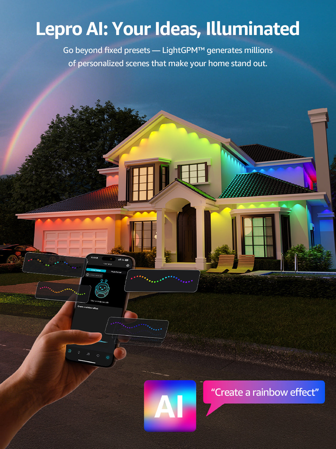 Lepro E1 AI permanent outdoor lights illuminating a luxury house roofline with vibrant rainbow colors.