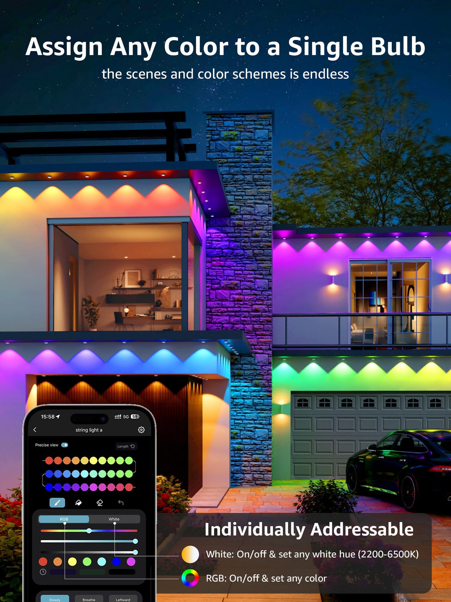 Individually addressable Lepro E1 permanent RGBIC lights displaying custom pixel color schemes on a house