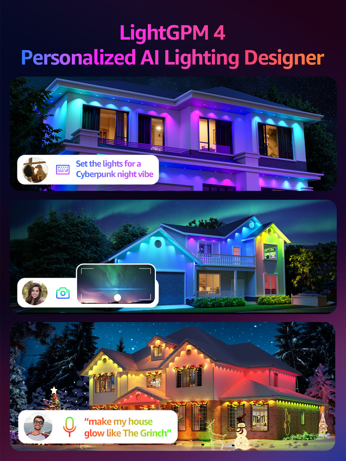 Lepro E1 permanent eaves lights showing custom AI holiday scenes for Christmas, Halloween, and ambient styles