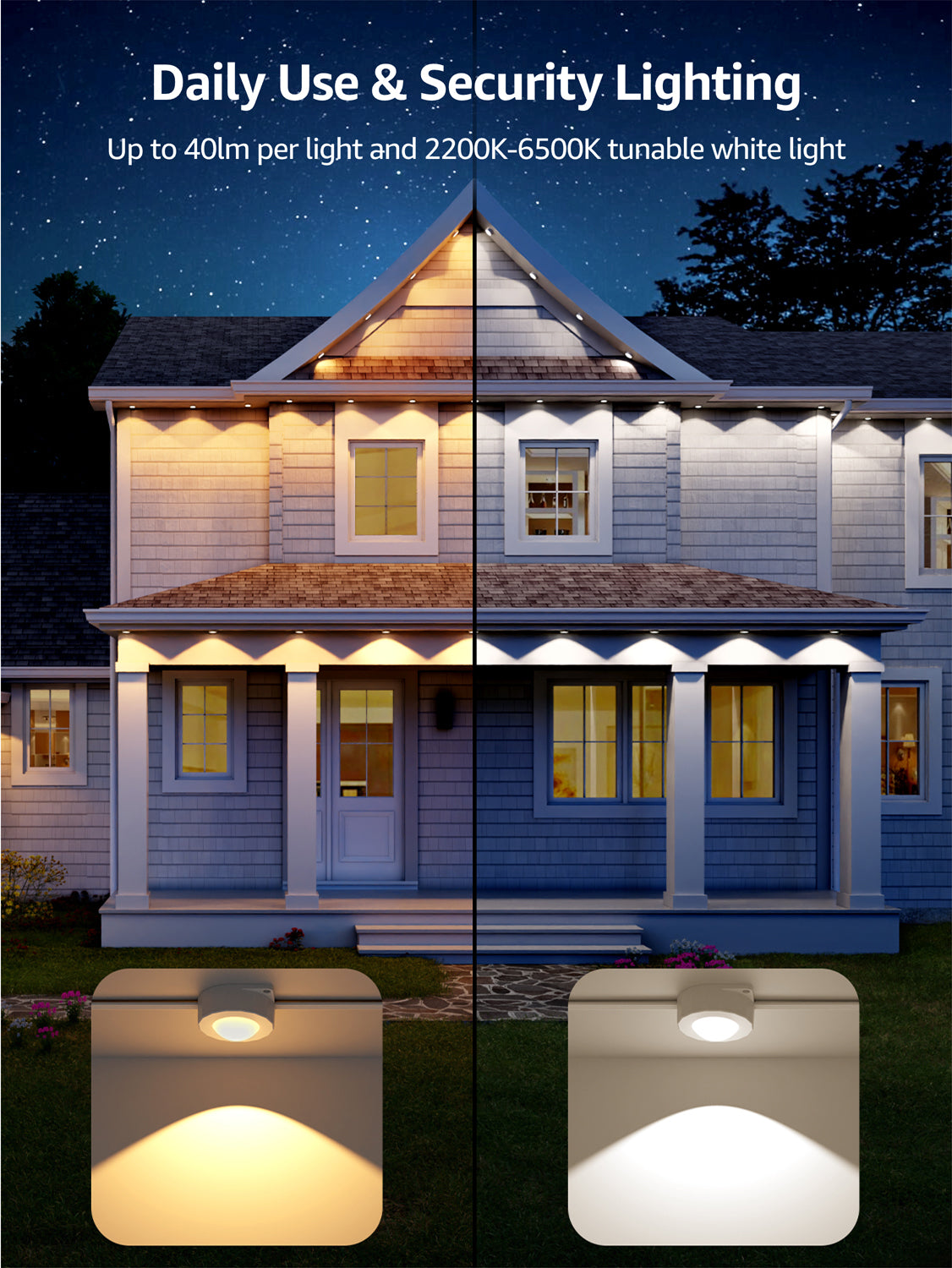 Lepro E1 permanent outdoor roof lights showing 2200K warm white and 6500K daylight security lighting