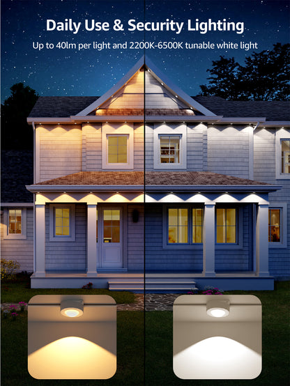 Lepro E1 permanent outdoor roof lights showing 2200K warm white and 6500K daylight security lighting