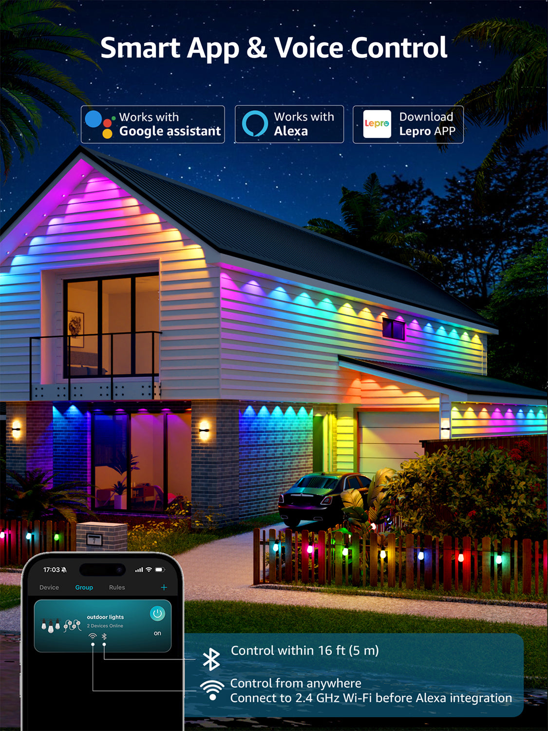 Smart permanent outdoor roofline lights by Lepro controlled via smartphone app, Alexa, and Google Home