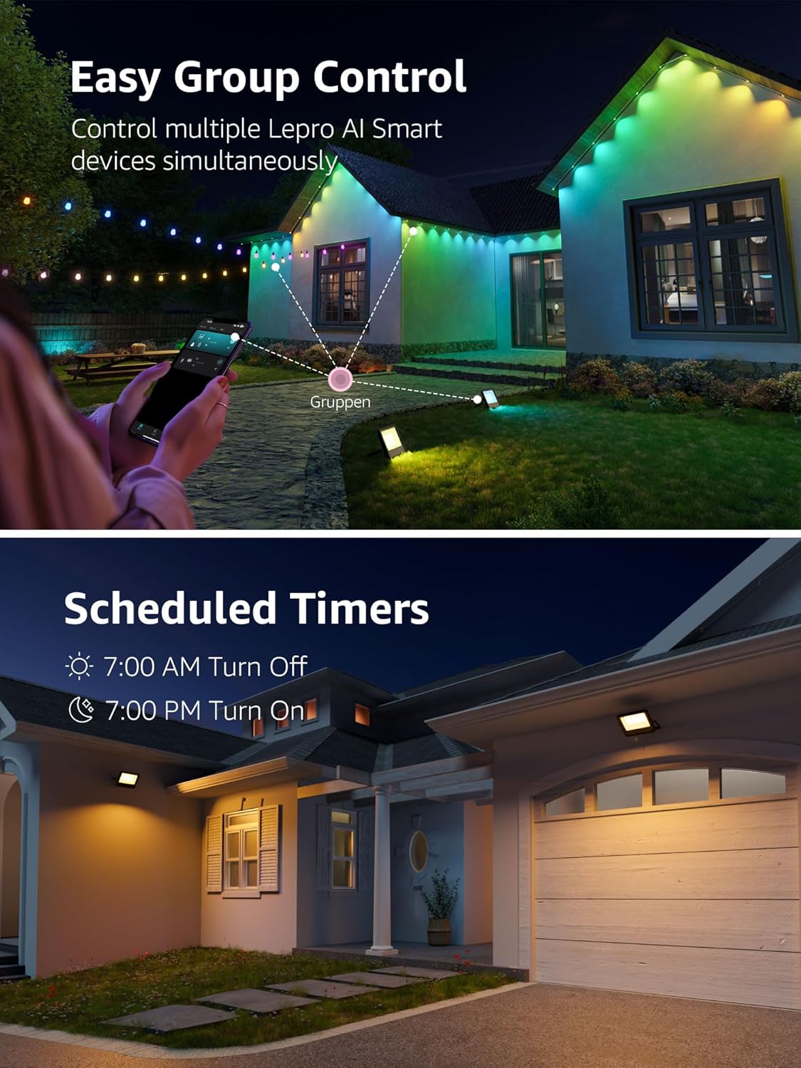 Smart home outdoor lighting group control and automatic timer schedules on a residential house and garage