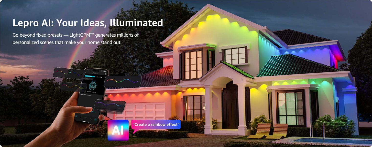 House illuminated with colorful lights using Lepro AI technology, with a hand holding a device displaying the Lepro logo.