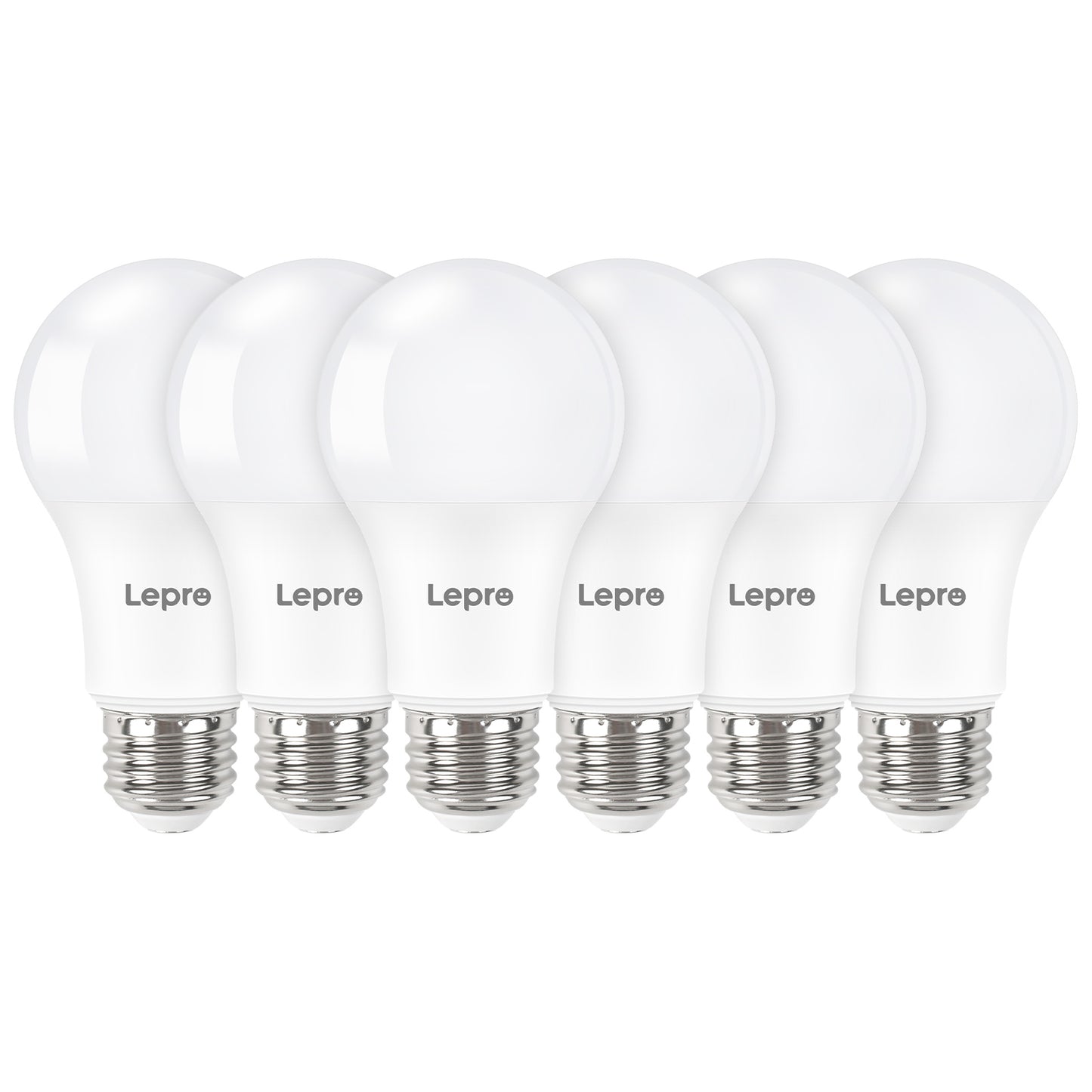 Six Lepre brand light bulbs on a white background