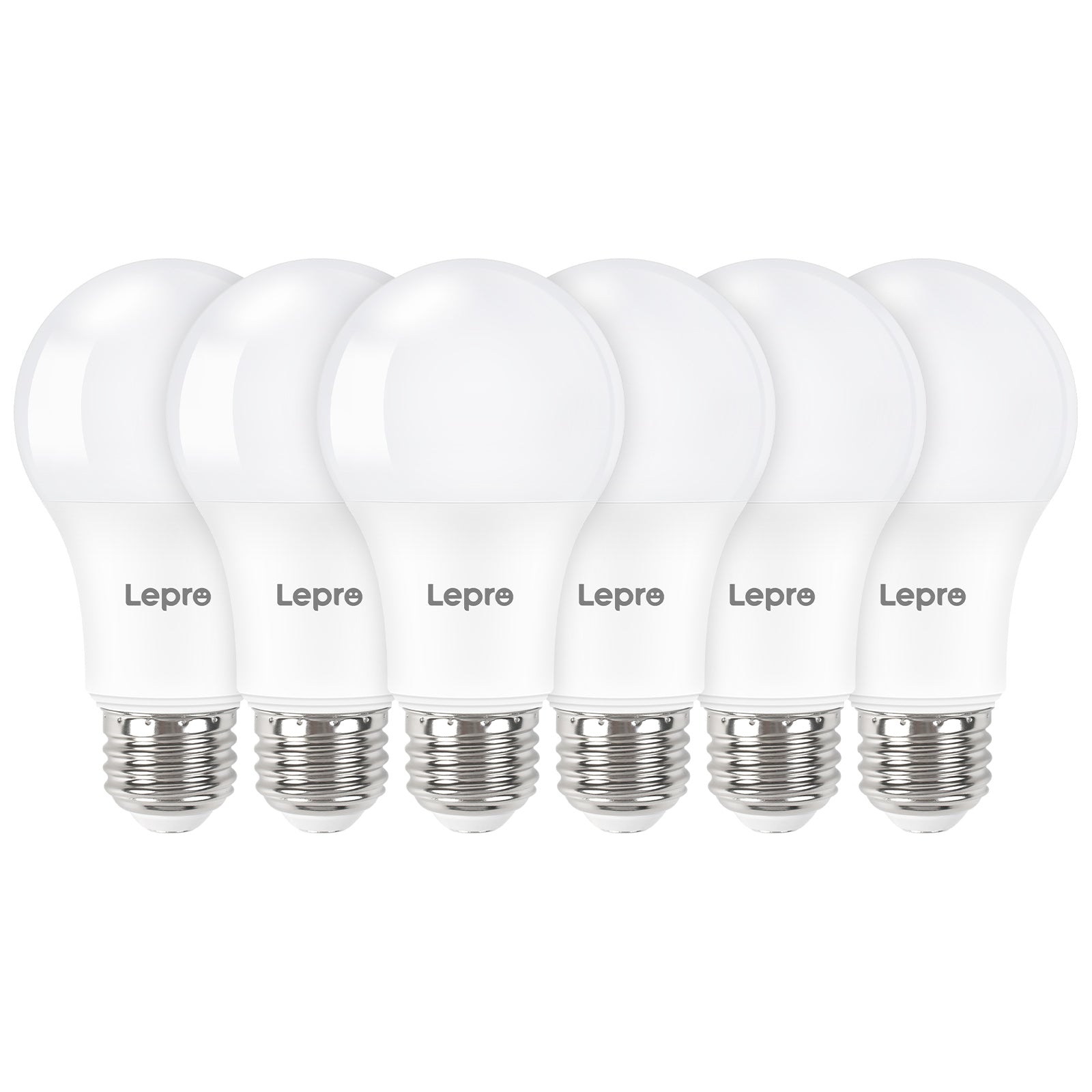 Six Lepre brand light bulbs on a white background