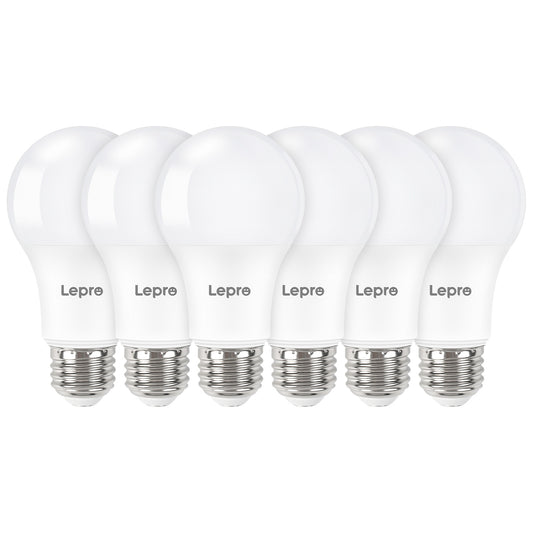Six Lepre brand light bulbs on a white background