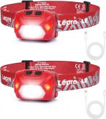 Lepro 320014 LED Rechargeable Headlamp, 2 Pack Head Lamp with 6 Modes for Camping & Hiking Gear Essentials, IPX4 Waterproof Bright Headlight Flashlights with Adjustable Headband, Type-C Cable - Red
