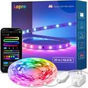 Lepro S1 AI LED Strip Light for Christmas Decoration, 65.6ft Smart RGB Light Strip with IC and Rainbow Effect, Color Segment DIY, AI Generated Lighting, No Remote, Not Cuttable, 2.4G Wi-Fi & Bluetooth